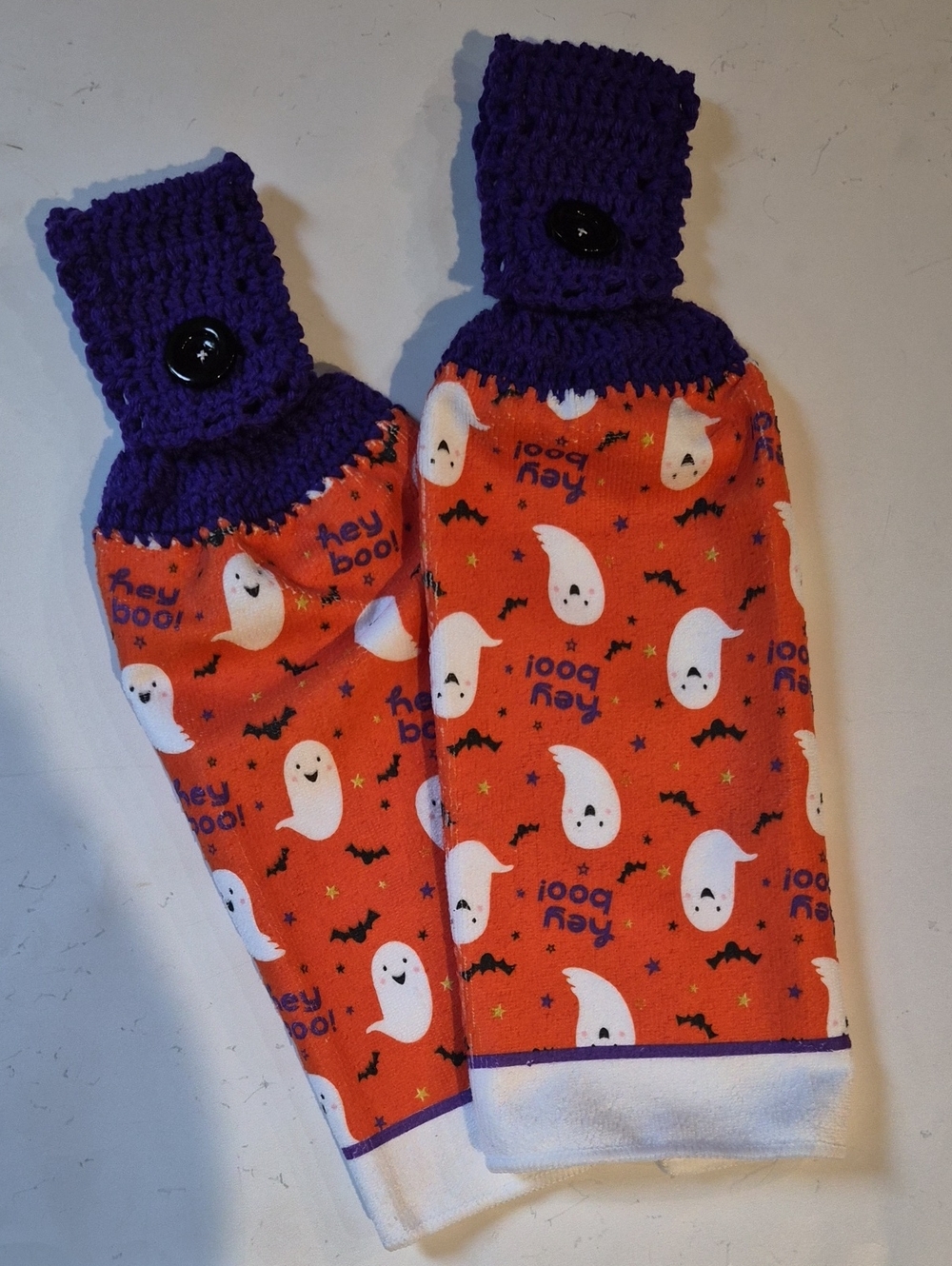Halloween Hey Boo Ghosts Handmade Crocheted Top Dish Towel Set of 2